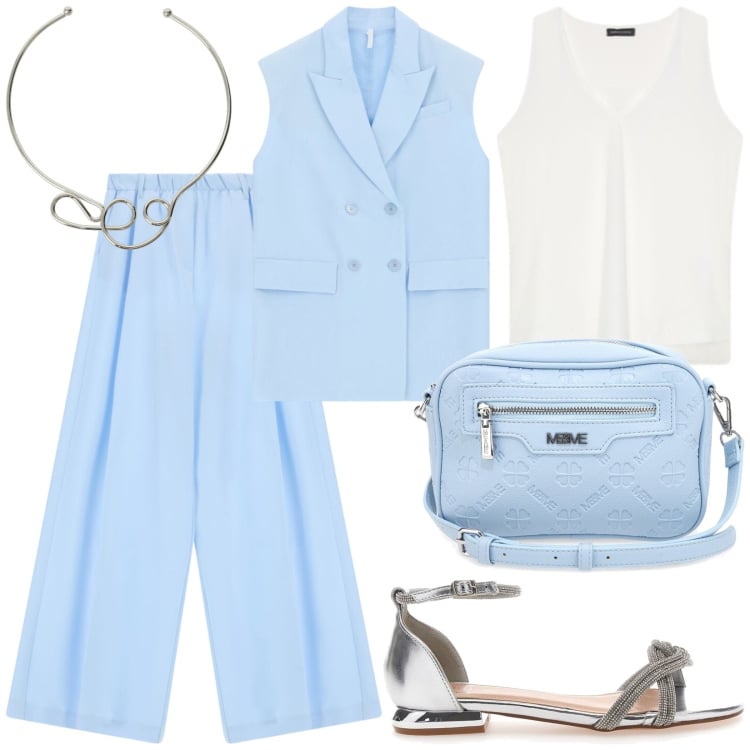 Outfit donna - Città d\'arte. Stile Minimal per Ufficio. Abbinamento con pantaloni a palazzo, gilet, collane, top, sandali, borse a tracolla.