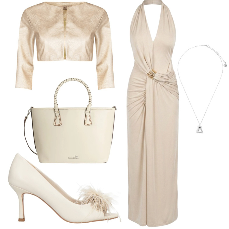 Outfit donna - Cerimonia. Stile Chic per Cerimonia. Abbinamento con décolleté, shopping bag, vestiti lunghi, bolero, ciondoli.