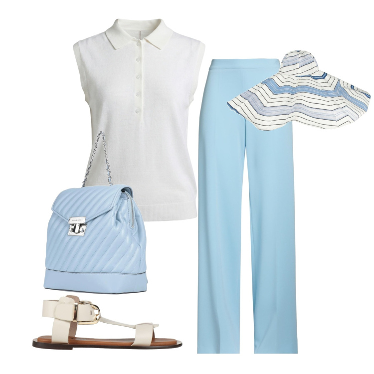 Outfit donna - Chic e bon ton. Stile Chic per Tutti i giorni. Abbinamento con cappelli, pantaloni, zaini, sandali alla schiava, polo.