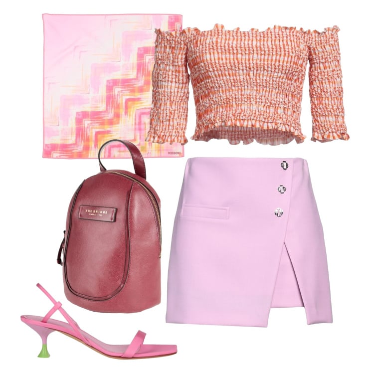 Outfit donna - Pink and orange. Stile Chic per Tutti i giorni. Abbinamento con minigonne, sandali in pelle, zaini, sciarpe, top.