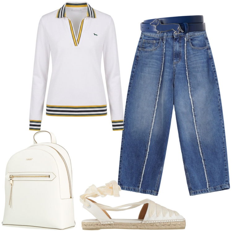 Outfit donna - Sporty. Stile Sporty chic per Tutti i giorni. Abbinamento con zaini, espadrillas, jeans dritti, cinture, polo.