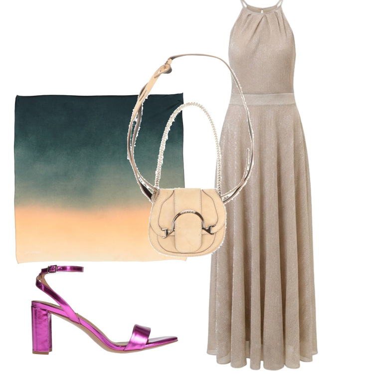 Outfit donna - Nude e fucsia. Stile Chic per Cerimonia. Abbinamento con marsupi, sciarpe, sandali in pelle, vestiti lunghi.
