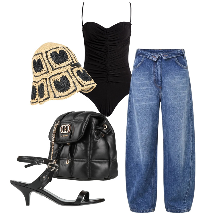 Outfit donna - Nero chic. Stile Casual chic per Serata fuori. Abbinamento con valigie, cappelli, body, sandali in pelle, jeans mom.