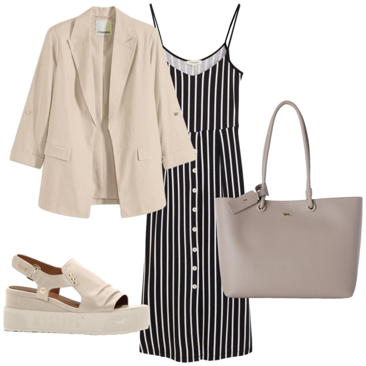 Outfit donna - Giacca e prendisole. Stile Bon Ton per Tutti i giorni. Abbinamento con blazer, vestiti midi/longuette, sandali, shopping bag.