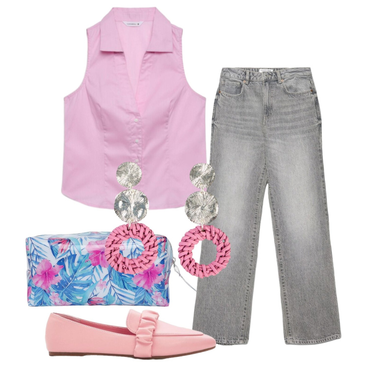 Outfit donna - Bon ton in jeans. Stile Bon Ton per Ufficio. Abbinamento con orecchini, mocassini, jeans dritti, camicie a manica corta, valigie.