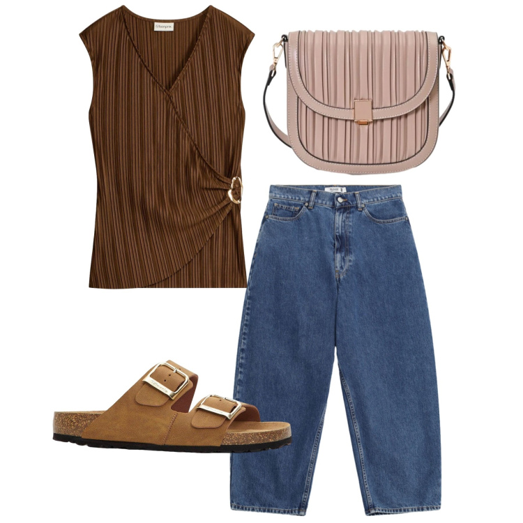 Outfit donna - Incrociatina. Stile Casual chic per Tutti i giorni. Abbinamento con canottiere, ciabatte, borse a tracolla, jeans.