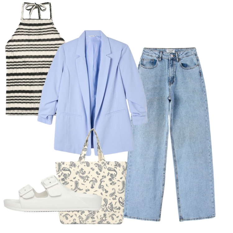 Outfit donna - Casual. Stile Casual per Tutti i giorni. Abbinamento con blazer, jeans, canottiere, shopping bag, ciabatte.