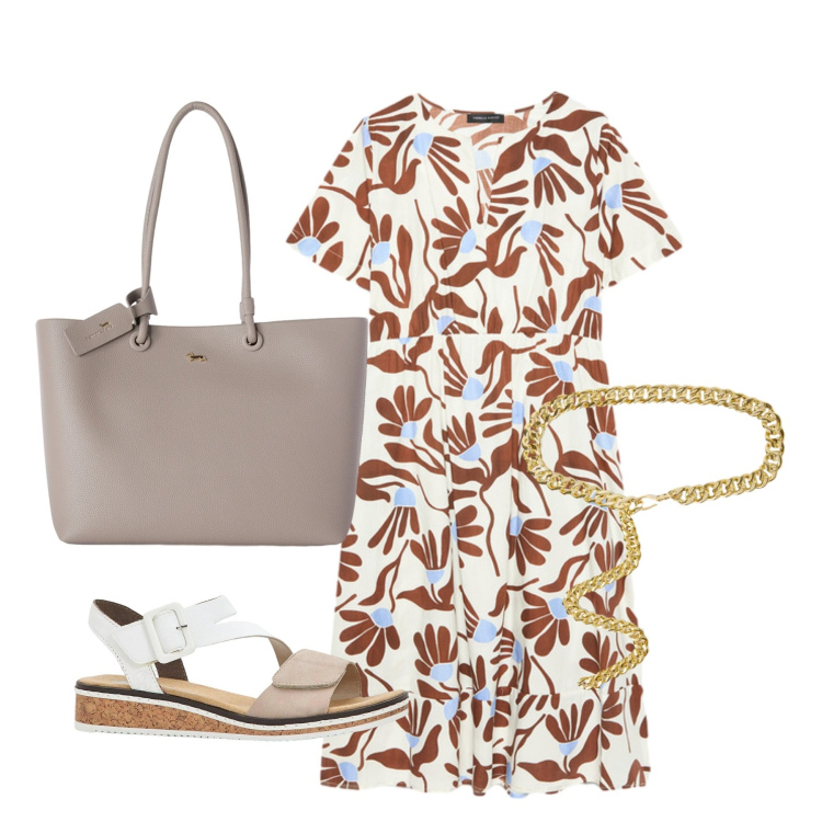 Outfit donna - Mercato. Stile Bon Ton per Tutti i giorni. Abbinamento con sandali, shopping bag, vestiti lunghi, cinture.