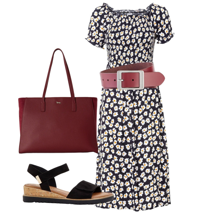 Outfit donna - Daisy. Stile Bon Ton per Tutti i giorni. Abbinamento con vestiti midi/longuette, sandali, cinture, shopping bag.