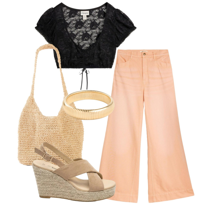 Outfit donna - Pizzo. Stile Chic per Tutti i giorni. Abbinamento con sandali col tacco, shopping bag, jeans, braccialetti, top.