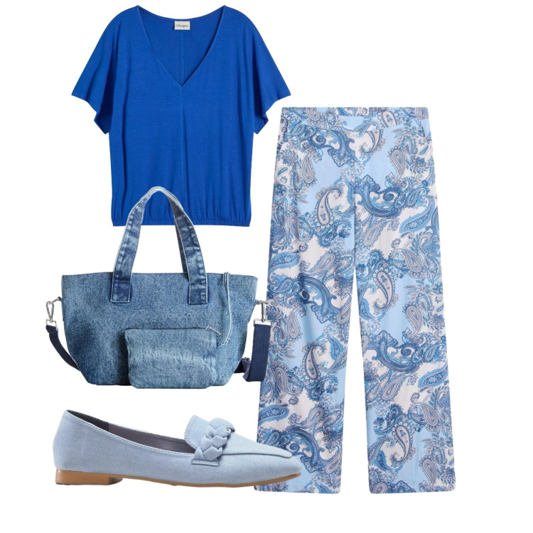 Outfit donna - Ufficio in azzurro. Stile Bon Ton per Tutti i giorni. Abbinamento con mocassini, borse a mano, t-shirt, pantaloni.