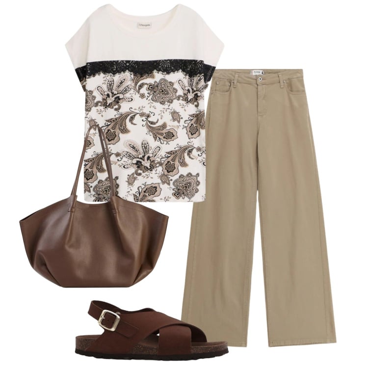 Outfit donna - Flare beige. Stile Casual chic per Tutti i giorni. Abbinamento con maglieria, shopping bag, sandali in pelle, pantaloni.