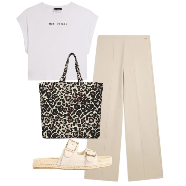 Outfit donna - Borsa chic. Stile Bon Ton per Tutti i giorni. Abbinamento con ciabatte, shopping bag, t-shirt, pantaloni.