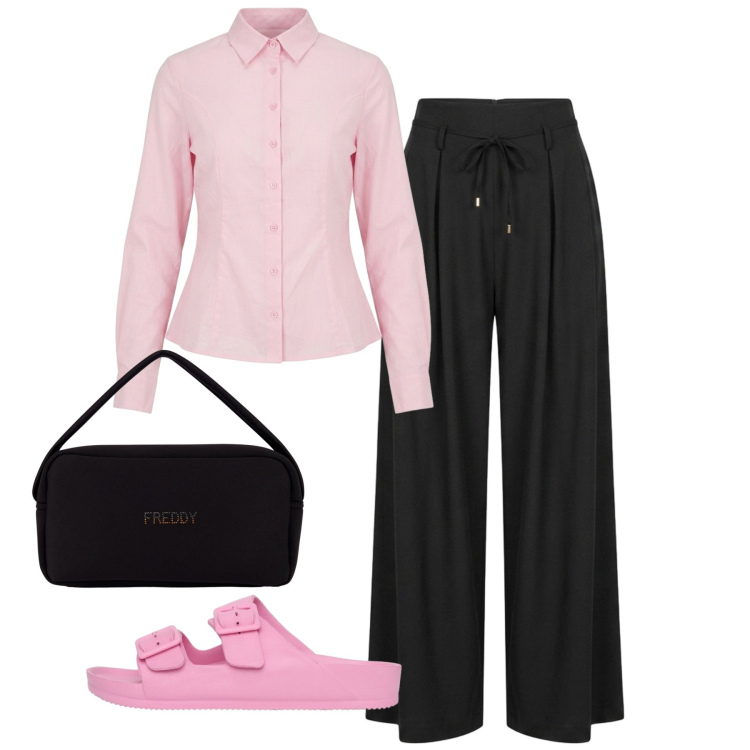 Outfit donna - Leggera. Stile Bon Ton per Tutti i giorni. Abbinamento con ciabatte, borse a mano, pantaloni a palazzo, camicie.