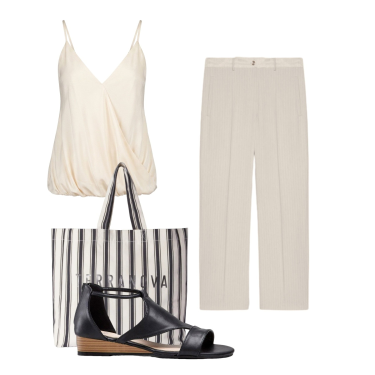 Outfit donna - Avorio. Stile Bon Ton per Tutti i giorni. Abbinamento con sandali, shopping bag, top, pantaloni.
