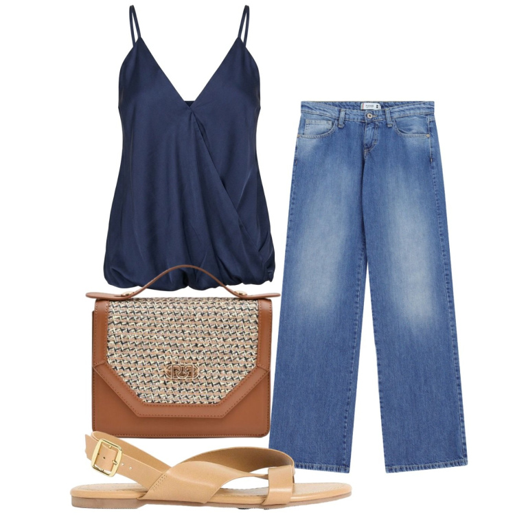 Outfit donna - Top blu. Stile Casual chic per Tutti i giorni. Abbinamento con sandali, jeans dritti, top, pochette.
