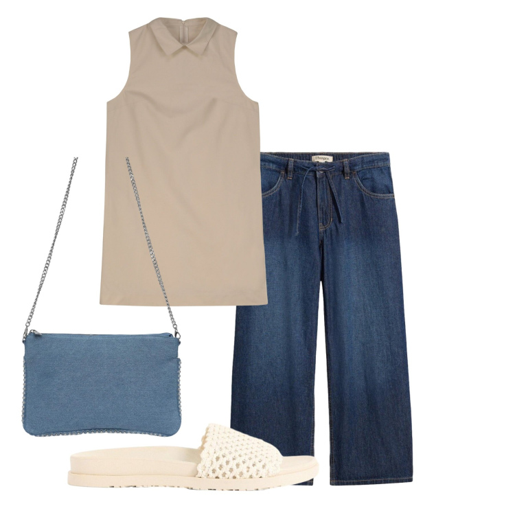 Outfit donna - Minimal. Stile Minimal per Tutti i giorni. Abbinamento con ciabatte, jeans, borse a tracolla, vestiti a tubino.