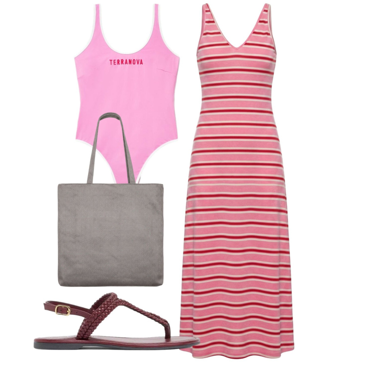 Outfit donna - Al mare. Stile Bon Ton per Mare. Abbinamento con ciabatte, costumi interi, shopping bag, vestiti lunghi.