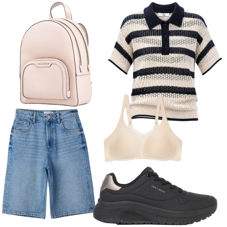 Outfit donna - A righe. Stile Casual per Tutti i giorni. Abbinamento con zaini, sneakers, bermuda, polo, reggiseni.