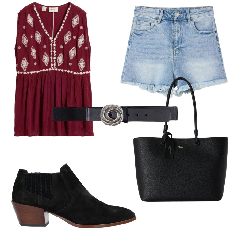 Outfit donna - Vacanze boho al mare. Stile Boho per Tutti i giorni. Abbinamento con stivaletti, canottiere, shorts, cinture, shopping bag.