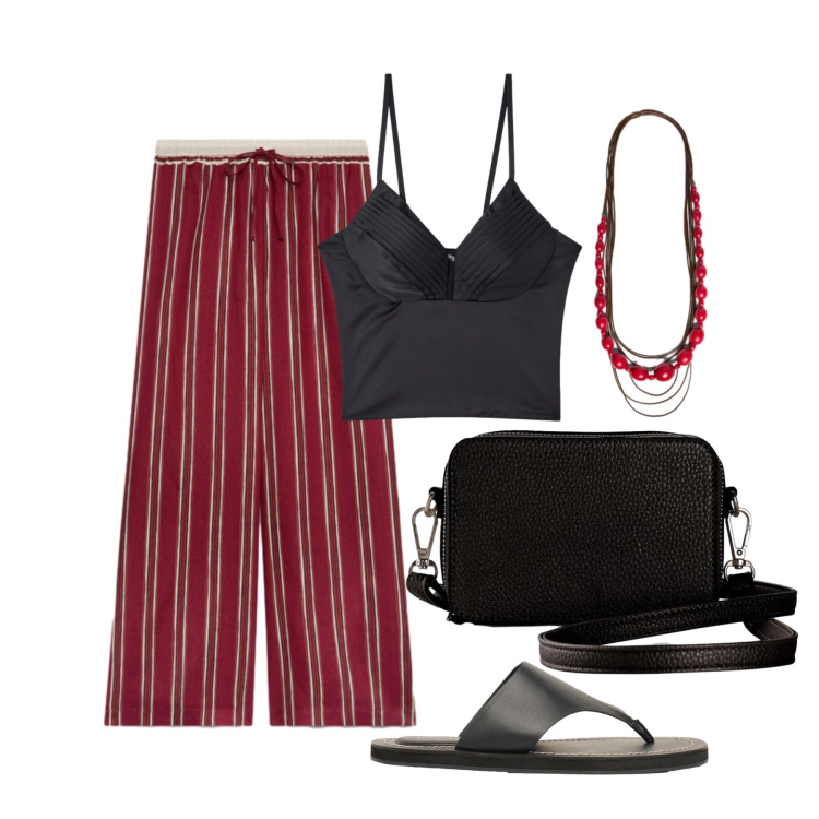 Outfit donna - Agosto. Stile Trendy per Tutti i giorni. Abbinamento con borse a tracolla, infradito, canottiere, collane, pantaloni.