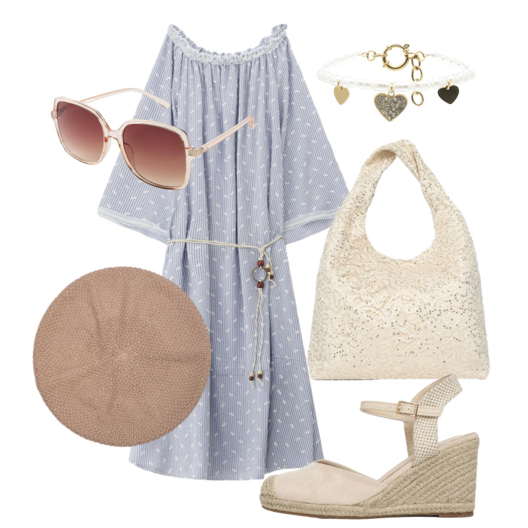 Outfit donna - Agosto. Stile Boho per Mare. Abbinamento con occhiali da sole, borse a spalla, zeppe, vestiti asimmetrici, cappelli, braccialetti.