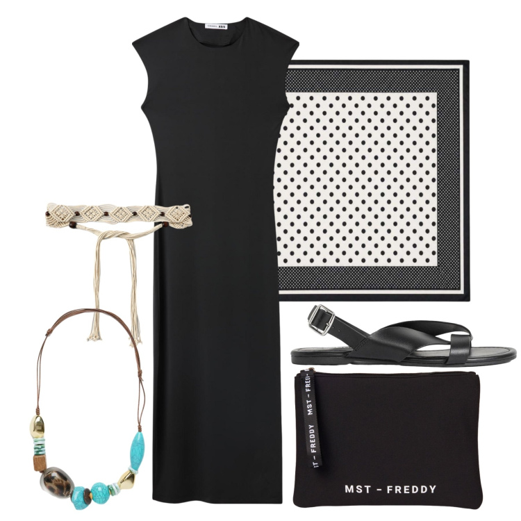 Outfit donna - Agosto. Stile Basic per Tutti i giorni. Abbinamento con sandali, vestiti midi/longuette, cinture, foulard, pochette, collane.