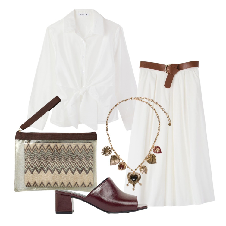 Outfit donna - Agosto. Stile Trendy per Serata fuori. Abbinamento con ciabatte, camicie, gonne longuette, pochette, collane.
