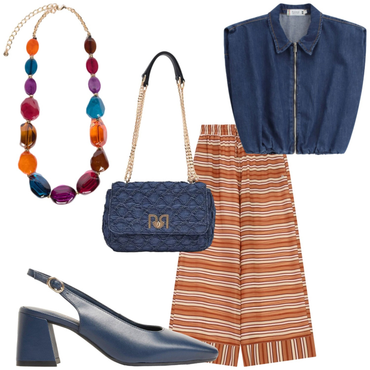 Outfit donna - Look Denim & Righe. Stile Chic per Serata fuori. Abbinamento con décolleté, reggiseni, borse a spalla, gilet, pantaloni a palazzo, collane.