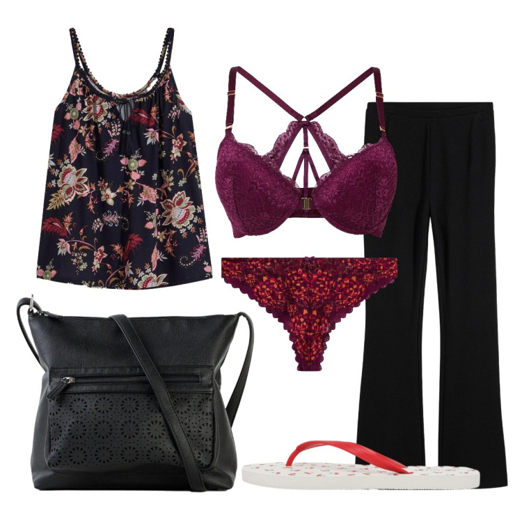 Outfit donna - Agosto. Stile Casual per Mare. Abbinamento con top, pantaloni, perizomi, borse a tracolla, reggiseni, infradito.