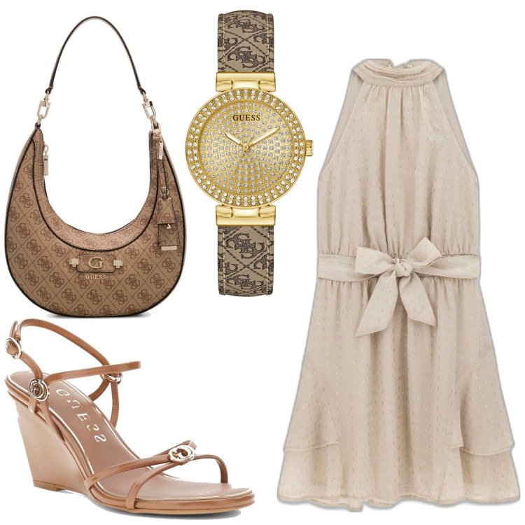 Outfit mujer - Romantica. Estilo Romántica para Todos los días. Combinación con sandalias de piel, bolsos de hombro, vestidos cortos, relojes analógicos.