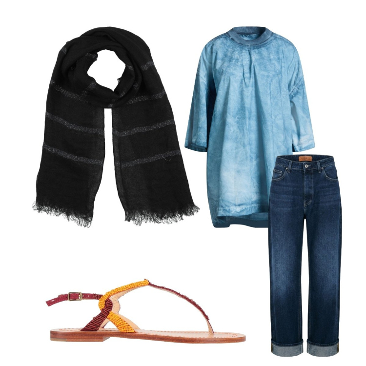 Outfit donna - Agosto. Stile Urban per Serata fuori. Abbinamento con infradito, t-shirt, sciarpe, jeans dritti.