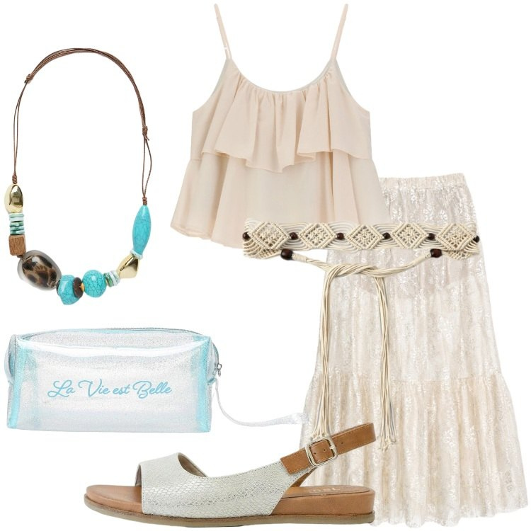 Outfit donna - Vacanze boho al mare. Stile Boho per Serata fuori. Abbinamento con sandali, cinture, valigie, gonne lunghe, top, collane.