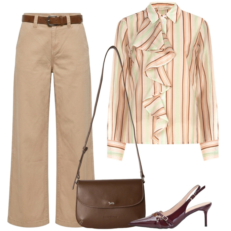 Outfit donna - Fresco fascino. Stile Casual chic per Ufficio. Abbinamento con borse a tracolla, camicie, décolleté, pantaloni.