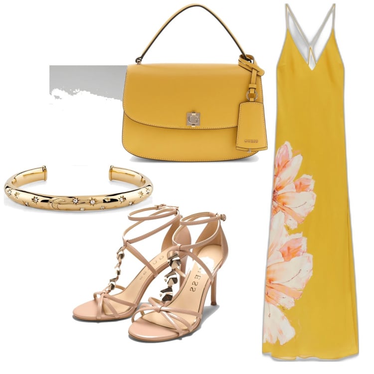 Outfit mujer - Glamour. Estilo Glamour para Noche/Fiesta elegante. Combinación con vestidos largos, sandalias de piel, pulseras, bolsos de mano.