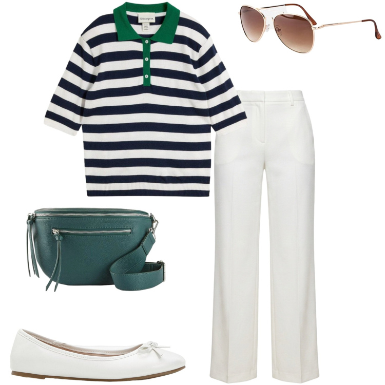 Outfit donna - A righe. Stile Casual chic per Tutti i giorni. Abbinamento con ballerine, occhiali da sole, marsupi, maglieria, pantaloni a palazzo.