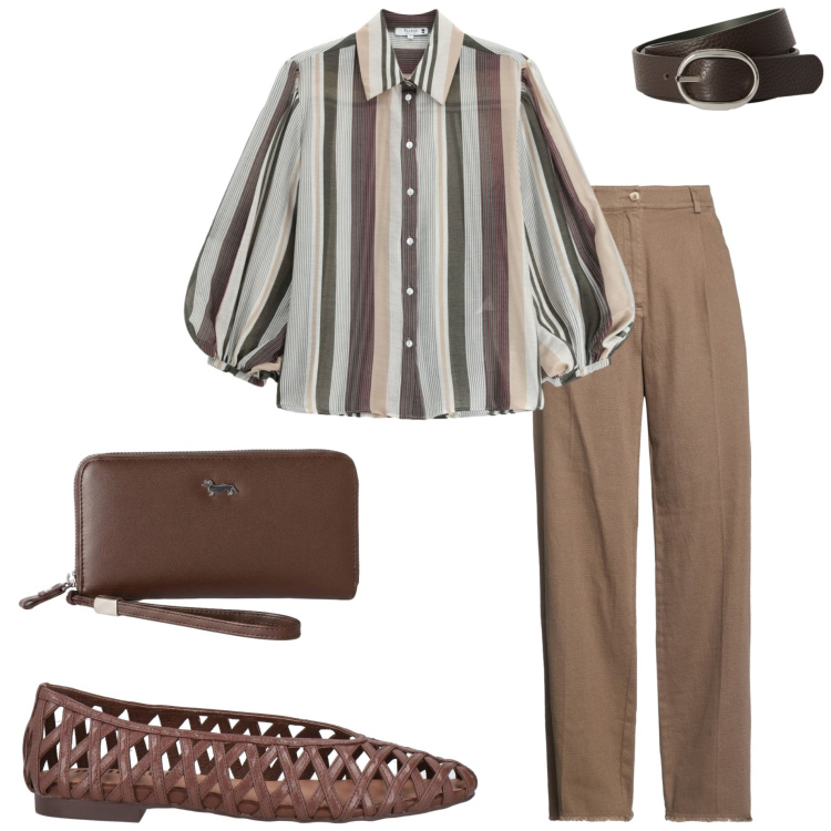 Outfit donna - A righe. Stile Casual chic per Ufficio. Abbinamento con pantaloni, ballerine, portafogli, cinture, camicie.