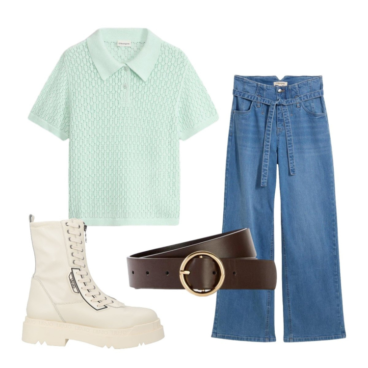 Outfit donna - Agosto. Stile Urban per Tutti i giorni. Abbinamento con anfibi, polo, jeans, cinture.