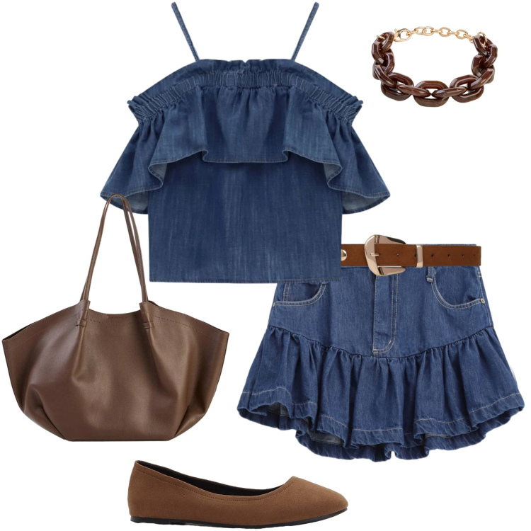 Outfit donna - Agosto... Fuori ufficio.... Stile Casual chic per Serata fuori. Abbinamento con ballerine, shopping bag, braccialetti, cinture, minigonne, top.