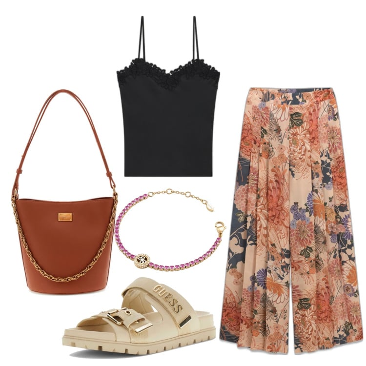 Outfit mujer - Urban style. Estilo Urban para Todos los días. Combinación con pulseras, top, bolsos saco, sandalias de tacón, pantalones palazzo.