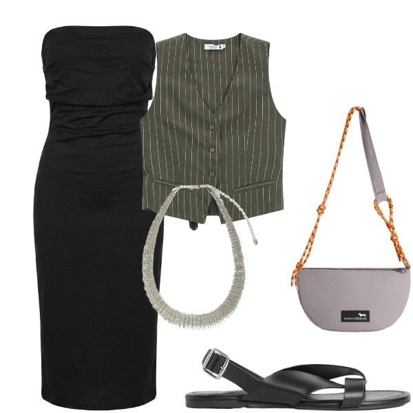 Outfit donna - Serate estive. Stile Casual chic per Serata fuori. Abbinamento con sandali, borse a tracolla, gilet, collane, vestiti midi/longuette.