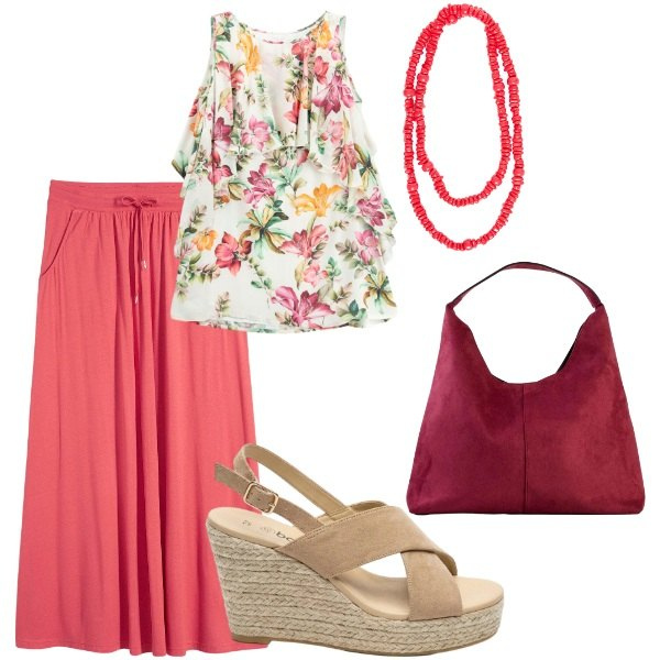 Outfit donna - Serata tra amici. Stile Casual chic per Tutti i giorni. Abbinamento con gonne, borse a spalla, sandali col tacco, vestiti corti, collane.