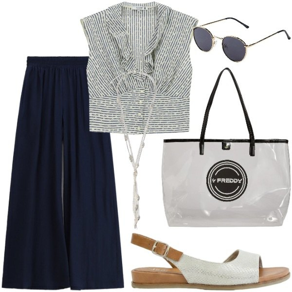 Outfit donna - Estate. Stile Casual chic per Tutti i giorni. Abbinamento con sandali, occhiali da sole, pantaloni, camicie, collane, shopping bag.