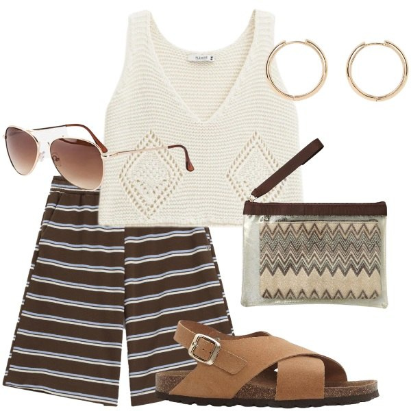 Outfit donna - E siamo in Agosto....... Stile Casual per Tutti i giorni. Abbinamento con sandali in pelle, orecchini, occhiali da sole, pochette, bermuda, top.