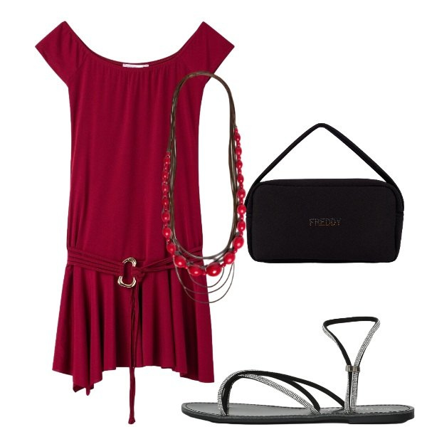 Outfit donna - Estate. Stile Casual per Tutti i giorni. Abbinamento con sandali, vestiti corti, collane, borse a mano.