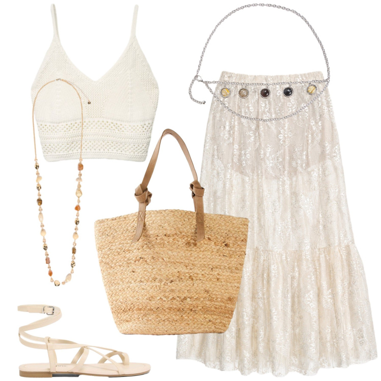 Outfit donna - Total look #2452996. Stile Boho per Mare. Abbinamento con shopping bag, sandali, top, cinture, gonne lunghe, collane.
