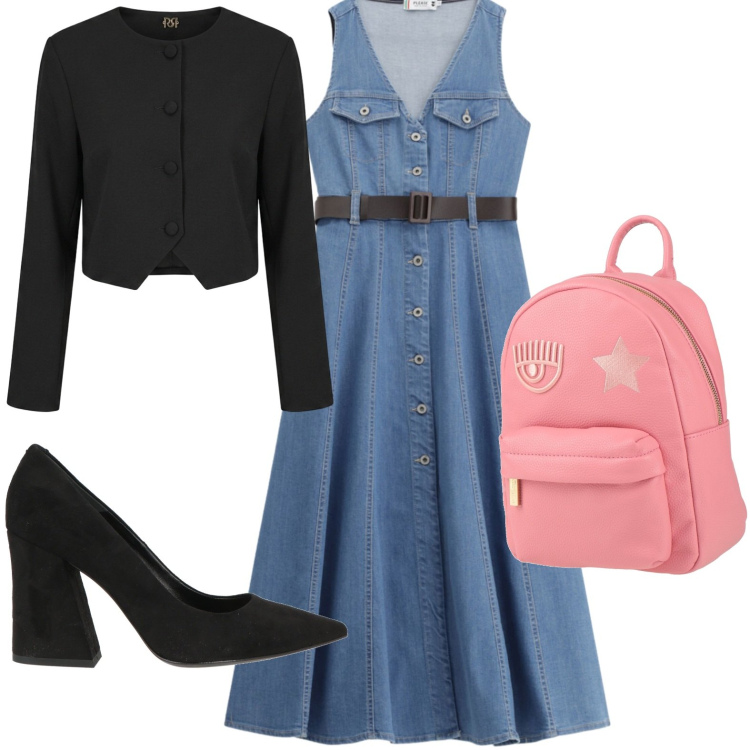 Outfit donna - Denim e tacchi. Stile Casual per Tutti i giorni. Abbinamento con zaini, décolleté, blazer, vestiti midi/longuette.