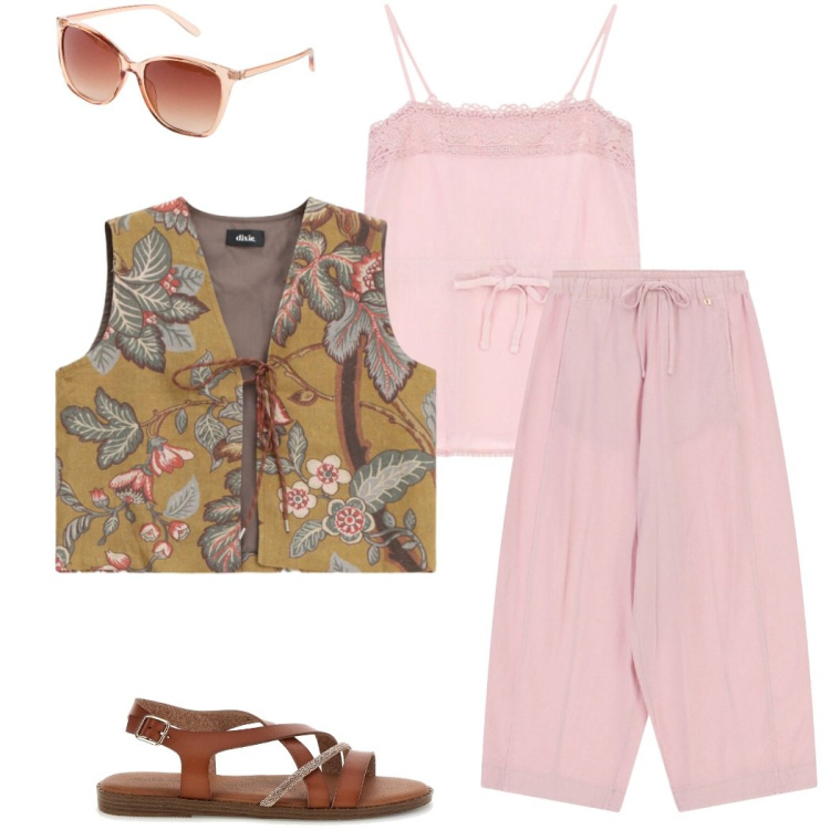 Outfit donna - Metropolitan escape. Stile Casual chic per Tutti i giorni. Abbinamento con occhiali da sole, pantaloni a palazzo, top, gilet, sandali.