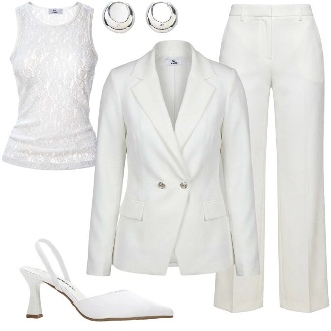 Outfit donna - Quiet Luxury. Stile Minimal per Ufficio. Abbinamento con décolleté, orecchini, top, blazer, pantaloni a palazzo.