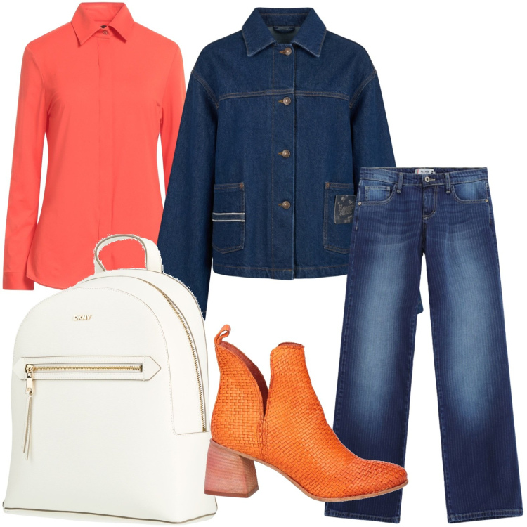 Outfit donna - Touch orange. Stile Trendy per Ufficio. Abbinamento con camicie, zaini, stivaletti, cappotti, jeans dritti.